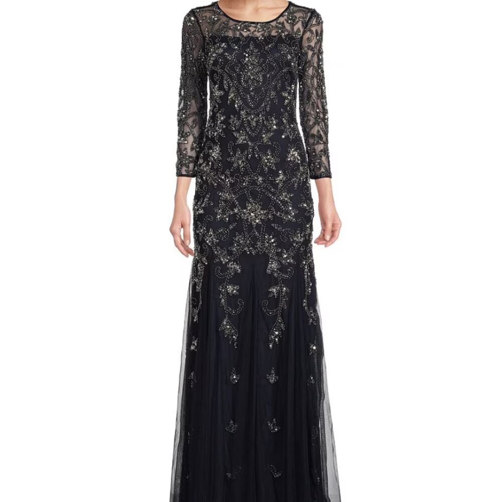 Adrianna Papell Beaded Illusion 3/4 Sleeve Scoop Neck Gown, Midnight, Size 0P